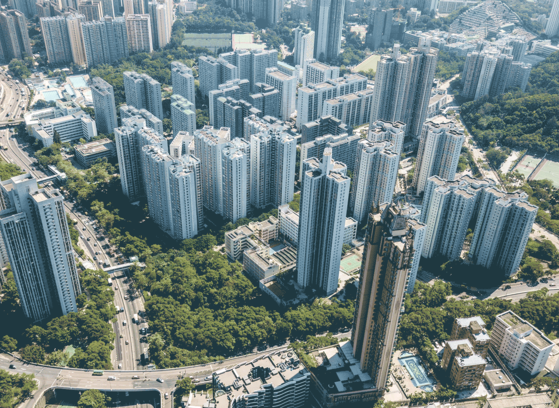 Aerial view of city with trees