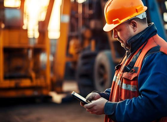 Male engineer at an oil rig checking mobile coverage at private 5G network