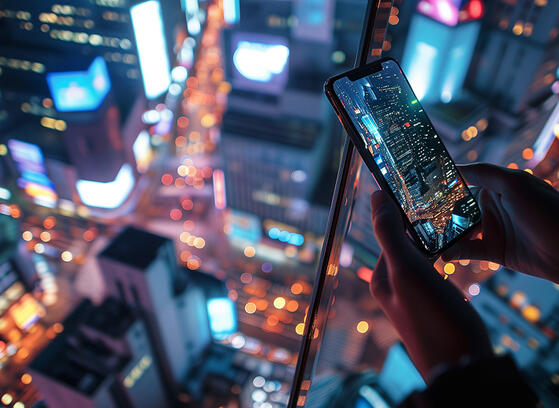 Person taking a photo of a cityscape at night from a high vantage point, with glowing city lights and buildings visible below