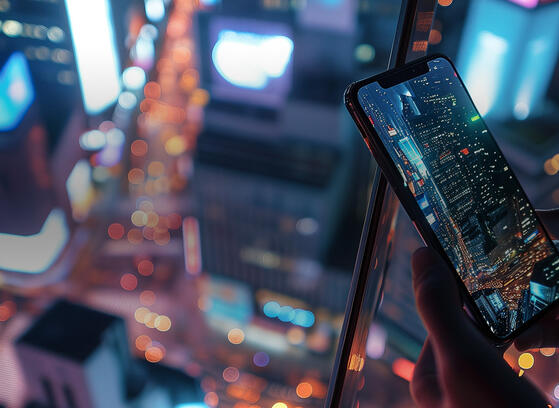Person taking a photo of a cityscape at night from a high vantage point, with glowing city lights and buildings visible below