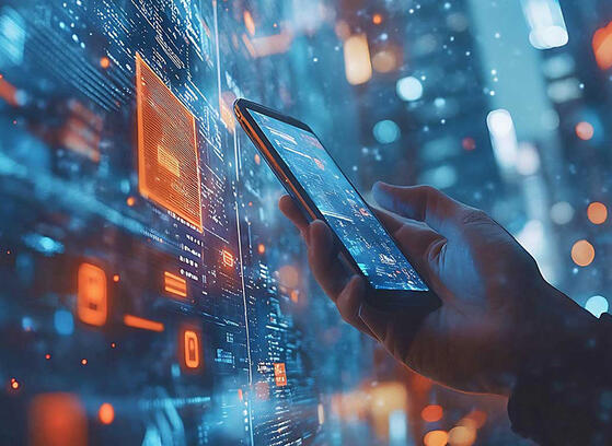 Generative AI concept showing man with mobile device in smart city, overlaid with big data and network visuals—smarter testing, faster insights, less effort.