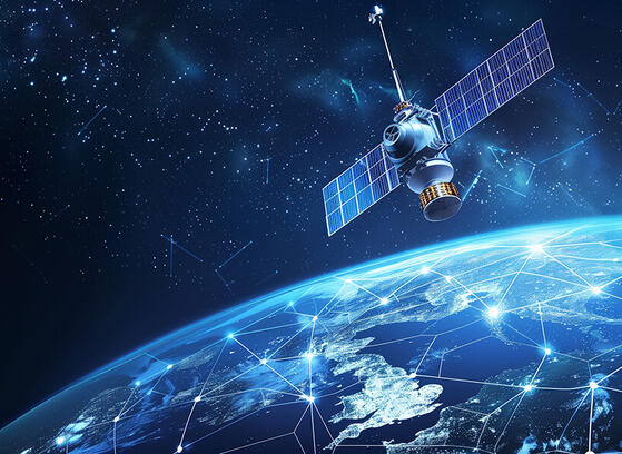 Satellite in space orbiting a glowing blue globe, representing Non-Terrestrial Networks (NTNs) for wireless communication.