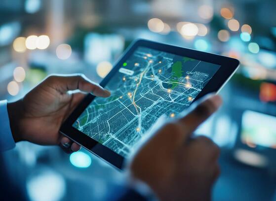 AI-powered network performance and automation concept illustrated by digital map on tablet.