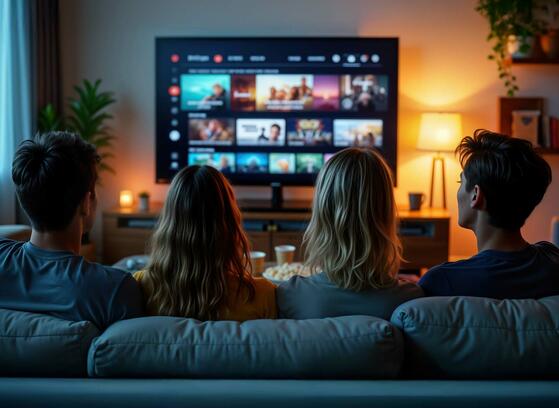 Friends watching a movie on a widescreen TV at home, enabled by dependable broadband assurance.