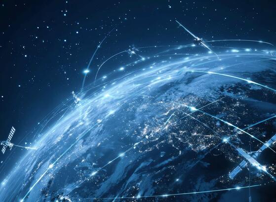 Illustration of Earth with global satellite network and blue futuristic plexus, symbolizing Non-Terrestrial Networks in 5G Advanced connectivity.