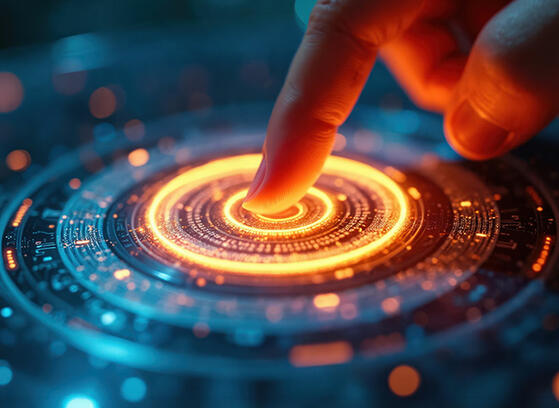  Futuristic technology; finger touches glowing circular interface with blue, orange light effects.