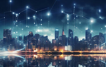 Global media link connecting on digital night city background, representing 5G communication