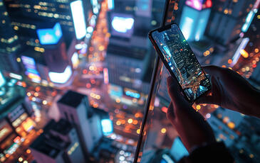 Person taking a photo of a cityscape at night from a high vantage point, with glowing city lights and buildings visible below