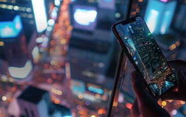 Person taking a photo of a cityscape at night from a high vantage point, with glowing city lights and buildings visible below