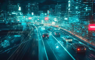 View of a dense urban cityscape with heavy traffic. The scene is overlaid with abstract lines, nodes, and futuristic graphics representing data, connectivity, and drive testing technology