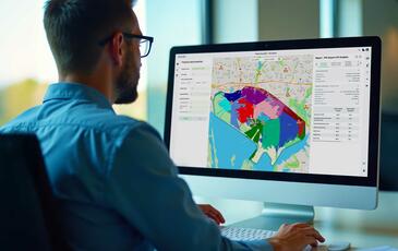 Man in office viewing a Planet Cloud report on a computer monitor—co-developed with Google Cloud for 4G and 5G network planning and optimization.