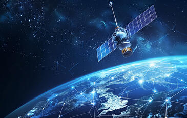 Satellite in space orbiting a glowing blue globe, representing Non-Terrestrial Networks (NTNs) for wireless communication.