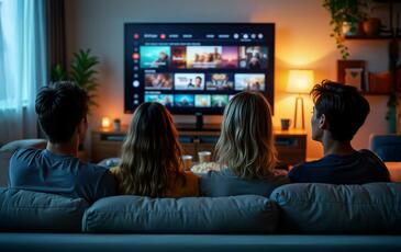 Friends watching a movie on a widescreen TV at home, enabled by dependable broadband assurance.