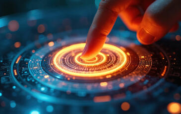  Futuristic technology; finger touches glowing circular interface with blue, orange light effects.