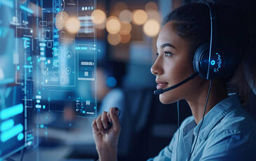 Woman working at helpdesk looking at virtual screens