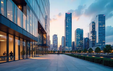 Exterior view of a modern glass and steel office building set against a city skyline.