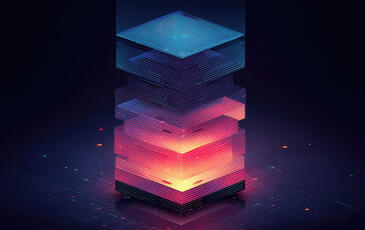Digital structure of glowing layers, building blocks, of blue, purple and orange light