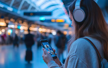 Woman listening to music on headphones while using smartphone in train station