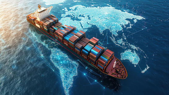 Container ship at sea with digital global network overlay, showing how Non-Terrestrial Networks (NTNs) extend coverage beyond traditional cell sites.