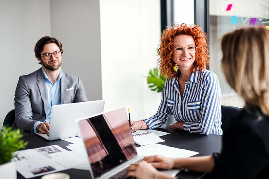 Business professionals with laptops working together in meeting room