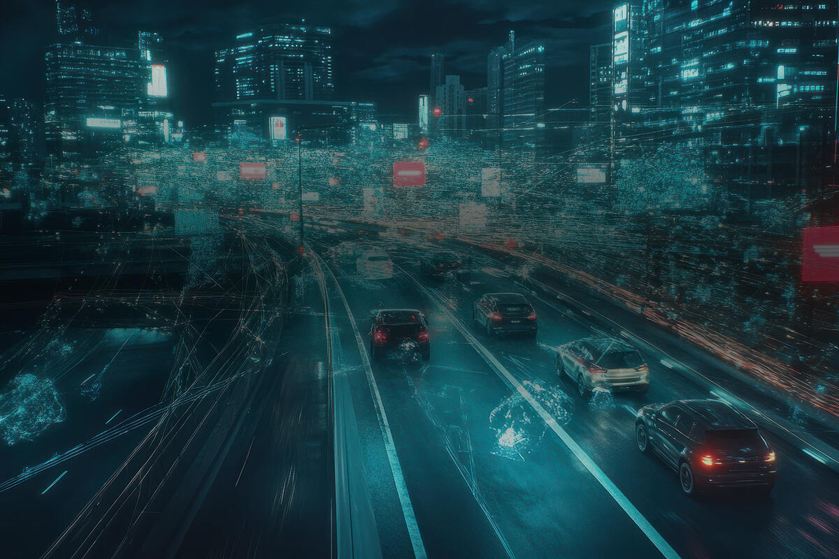 View of a dense urban cityscape with heavy traffic. The scene is overlaid with abstract lines, nodes, and futuristic graphics representing data, connectivity, and drive testing technology