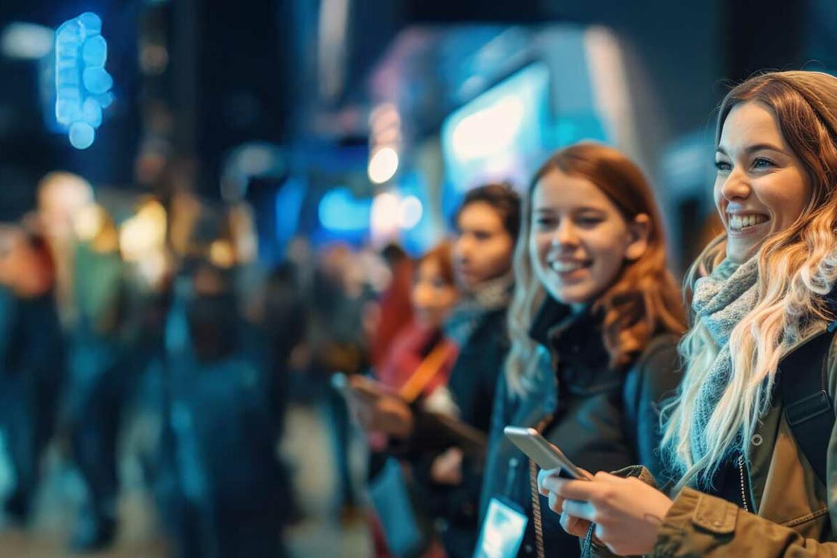 Smiling young woman holding a mobile phone while standing in a queue with friends