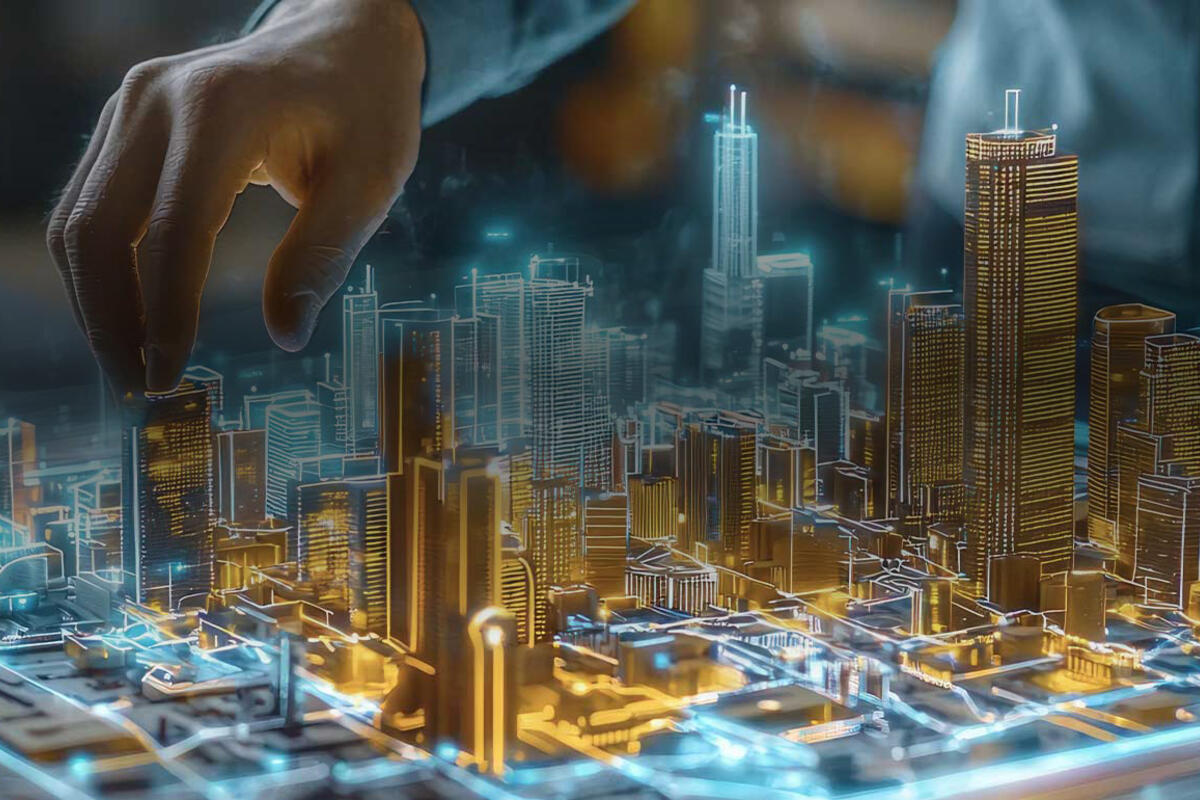 Closeup of hand interacting with holographic city landscape