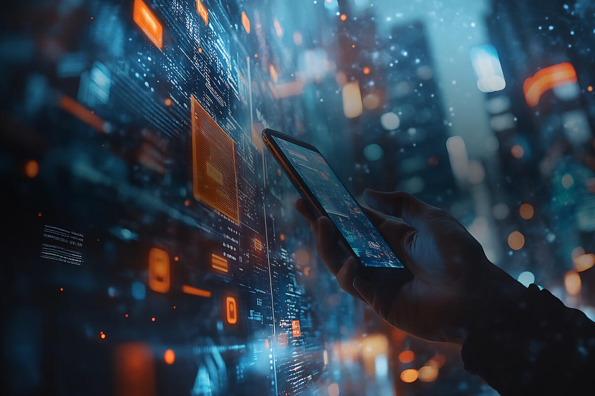 Generative AI concept showing man with mobile device in smart city, overlaid with big data and network visuals—smarter testing, faster insights, less effort.