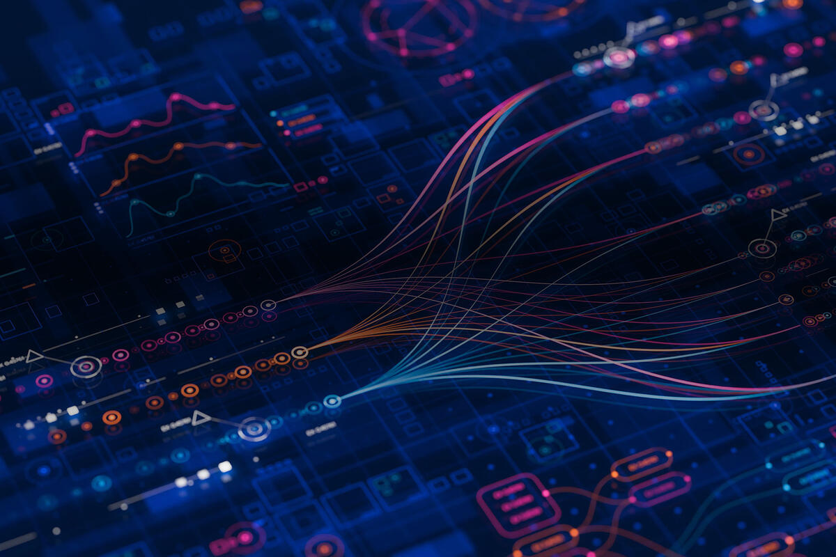 Abstract 3D rendering of glowing multicolored data streams, flowing across a dark background, evoking big-data networks and AI-driven neural analytics.