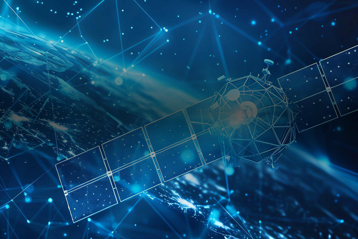 Satellite in space orbiting a glowing blue globe, representing Non-Terrestrial Networks (NTNs) for wireless communication.