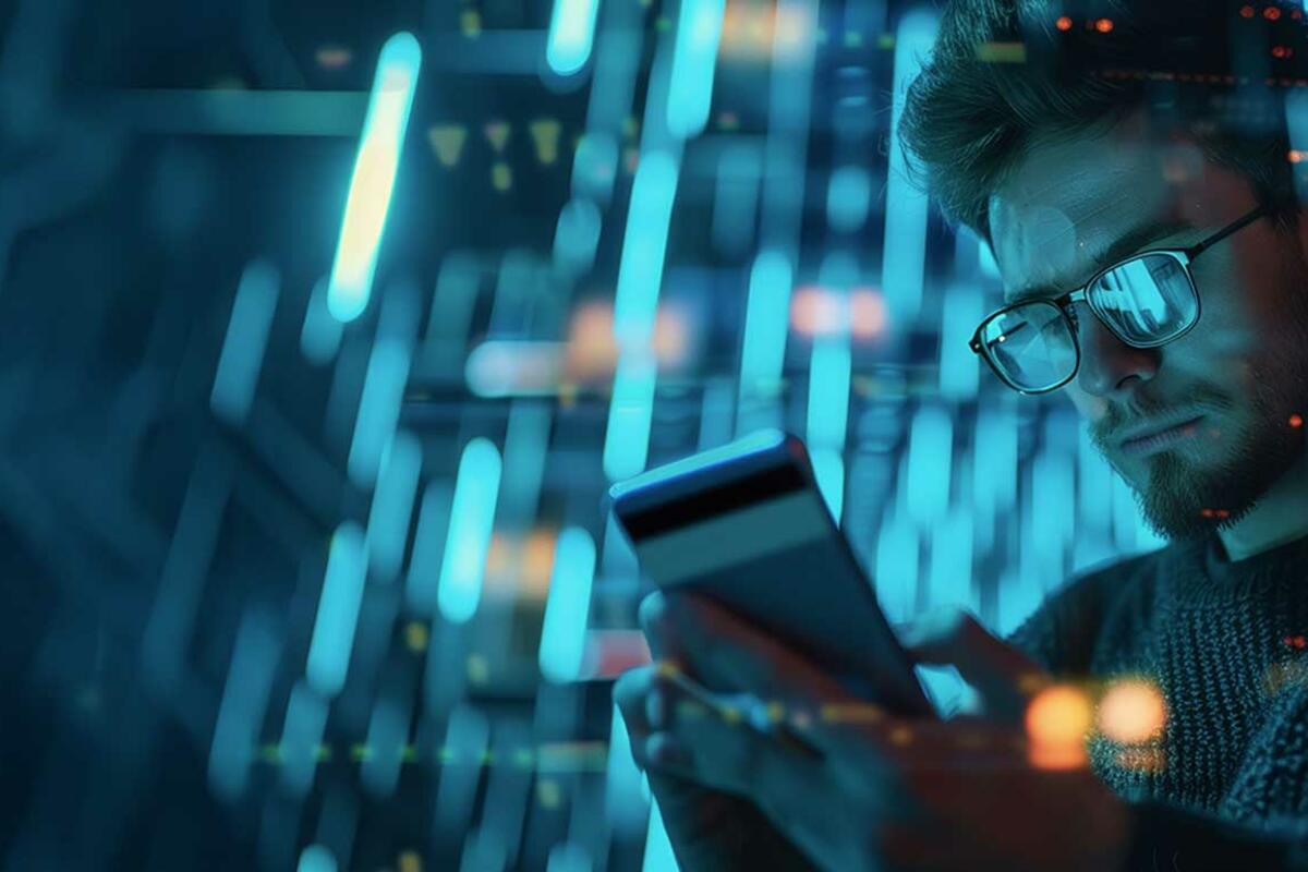 Mobile network testing concept illustrated by business professional using smartphone.