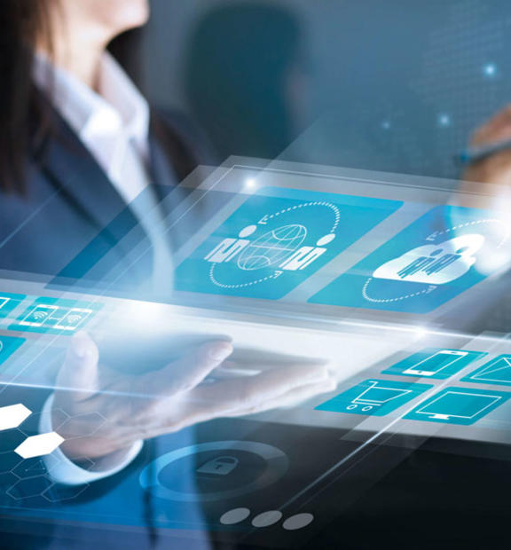 Woman looking at abstract graphic overlay reports
