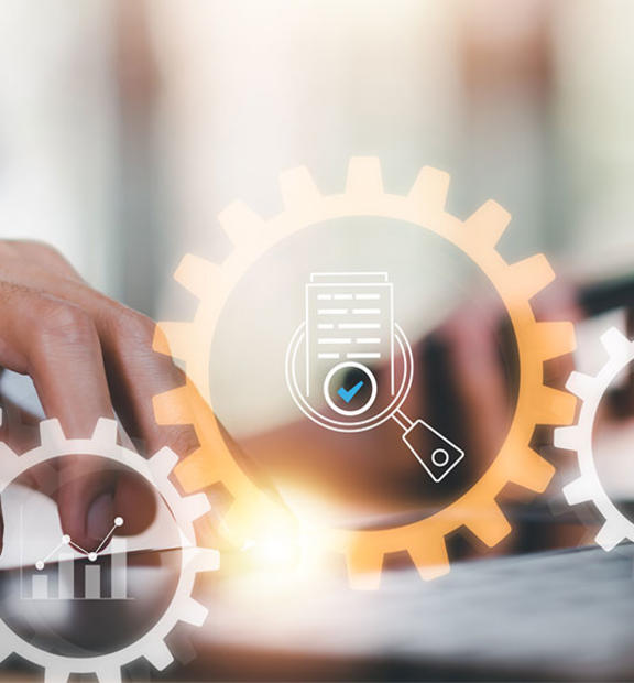 Abstract image with automation and gear icons in the focus and office environment in the background