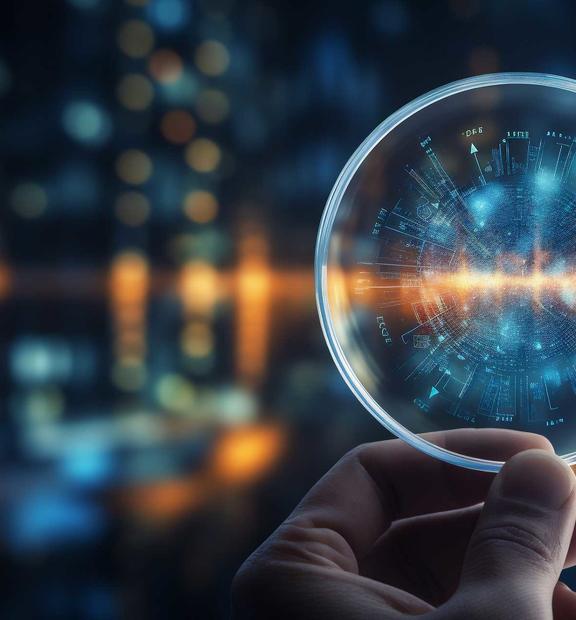 Hand holding magnifying glass, for focus on customer experiences with 360° observability and automation