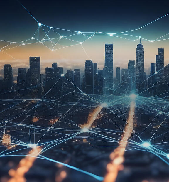 Dense city with innovative network technology connection overlay