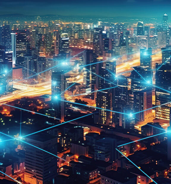 Large city with blue abstract technology network