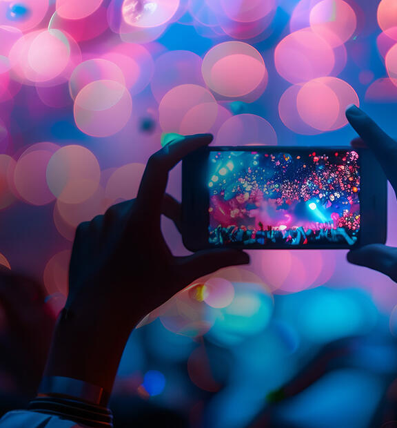 Silhouettes of people holding phones to take pictures at a concert