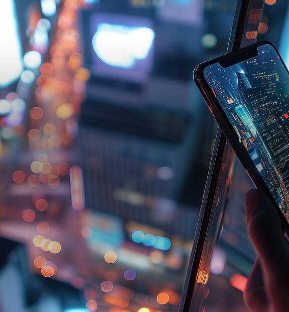Person taking a photo of a cityscape at night from a high vantage point, with glowing city lights and buildings visible below