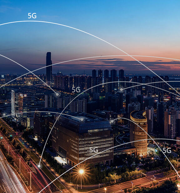 Large city with abstract 5G technology network