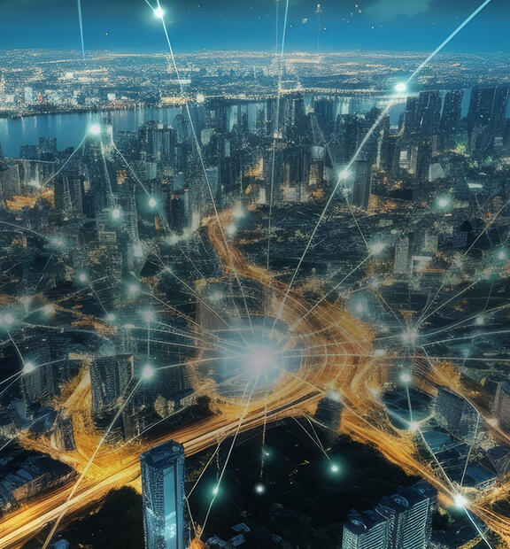 Bangkok city overview with abstract technology network
