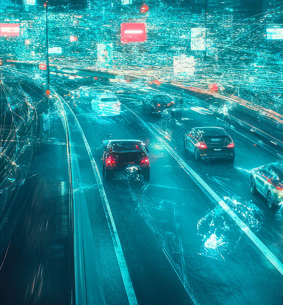 View of a dense urban cityscape with heavy traffic .The scene is overlaid with abstract lines, nodes, and futuristic graphics representing data, connectivity, and drive testing technology