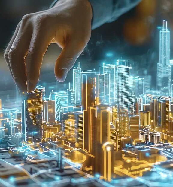 Closeup of hand interacting with holographic city landscape