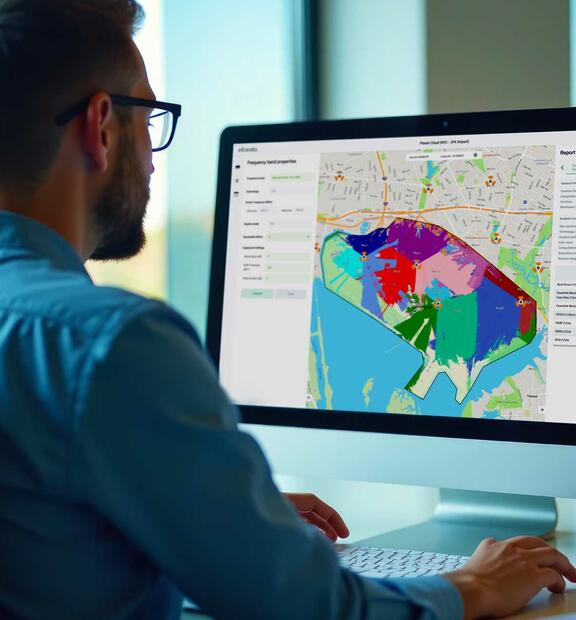 Man in office viewing a Planet Cloud report on a computer monitor—co-developed with Google Cloud for 4G and 5G network planning and optimization.