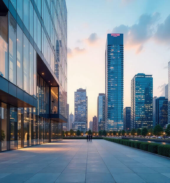 Exterior view of a modern glass and steel office building set against a city skyline