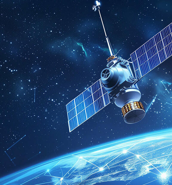 Satellite in space orbiting a glowing blue globe, representing Non-Terrestrial Networks (NTNs) for wireless communication.