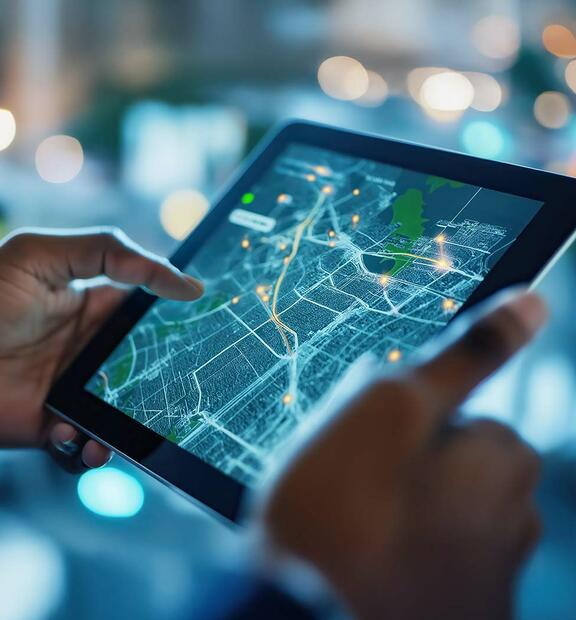 AI-powered network performance and automation concept illustrated by digital map on tablet.