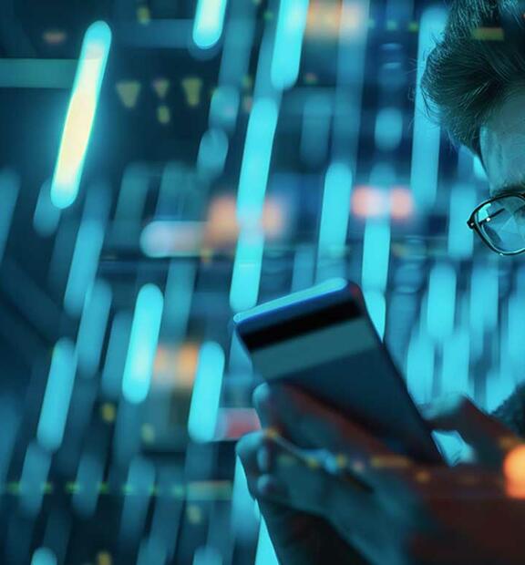 Mobile network testing concept illustrated by business professional using smartphone.