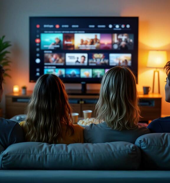 Friends watching a movie on a widescreen TV at home, enabled by dependable broadband assurance.
