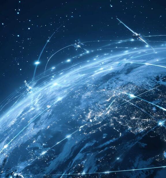 Illustration of Earth with global satellite network and blue futuristic plexus, symbolizing Non-Terrestrial Networks in 5G Advanced connectivity.