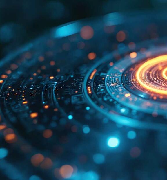  Futuristic technology; finger touches glowing circular interface with blue, orange light effects.